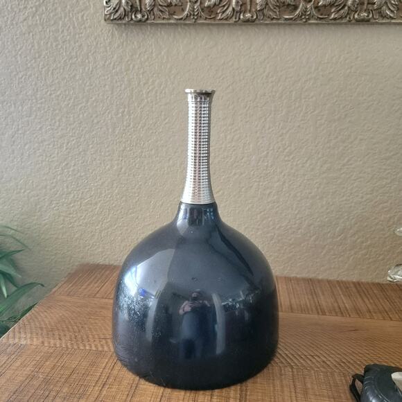 Vintage Modernist Black Vase with Ribbed Silver Neck